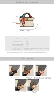Detailed size chart for mini PU leather crossbody bag with silk scarf handle and chain