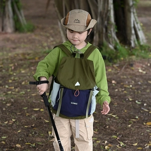 Kids outdoor hiking backpack in green and blue with matching sun hat and trekking pole
