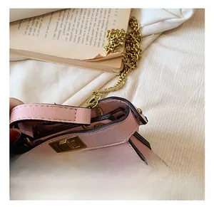 Close-up of light pink mini leather bag with gold twist lock and fine chain strap detail
