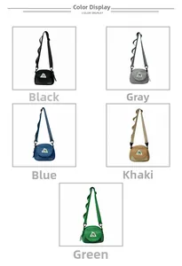 Color display of five casual kids crossbody bags in black, blue, green, khaki, and gray