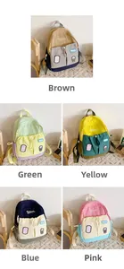 Detailed grid view showing five stylish color-block canvas backpacks for kids and students