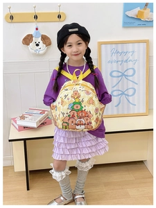 Detail of yellow checkered kids backpack with cute Capybara prints and dual zippers