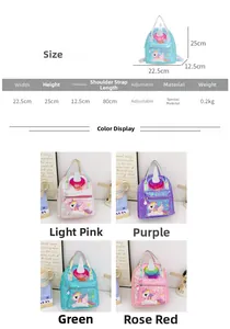 Size chart and four color options for the sequin unicorn girls backpack with dimensions