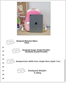 Pink nylon kids backpack with white cute decor, measuring 23x30x11cm and weighing 0.28kg