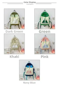 Kids school backpacks in five colors with drawstring front pockets and letter print