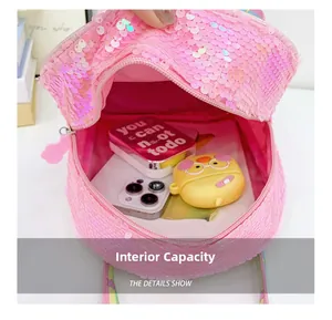 Internal view of the pink sequin kids backpack showing spacious storage capacity