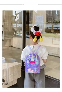 Detail of purple sequin unicorn backpack with rainbow straps worn by a child outdoors