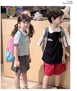Detail of children's preppy knit polo shirts and pleated skirts with matching backpacks