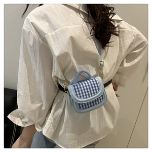 Blue and white gingham mini bag worn as a crossbody by model with gold hardware detail