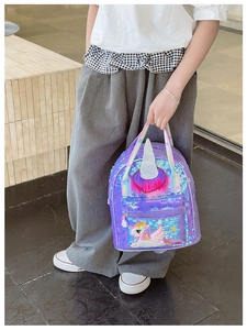 Close-up of girls purple sequin backpack with unicorn embroidery and rainbow handle