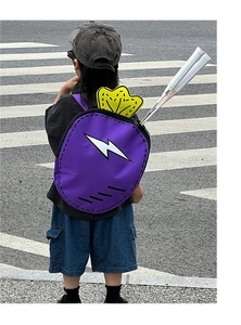 Macro view of purple 2D style kids backpack with lightning pattern and yellow jagged detail