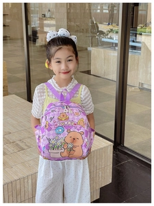 Detail of cute purple quilted backpack with cartoon bear prints and metal zipper