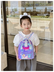 Detailed view of sequined unicorn girls backpack featuring rainbow straps and plush accents