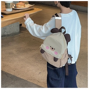 Close-up of cute cartoon bear backpack with reflective safety straps and side mesh pocket
