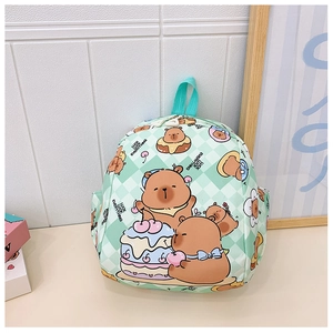 Close-up of mint green checkered kids backpack featuring cute capybara prints and dual zippers