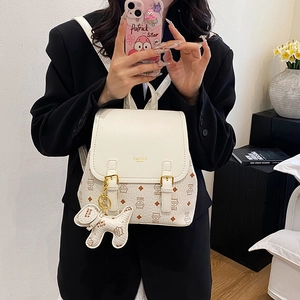 Lightweight stylish women backpack with cream diamond pattern and gold buckle detail