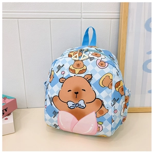 Detail of blue checkerboard kid backpack with cute capybara and luck pattern print