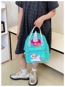 Detail of glitter unicorn backpack for girls with 3D embroidery and turquoise sequins