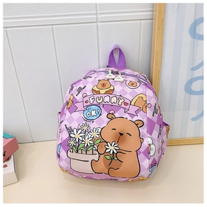 Detail view of pink plaid toddler backpack with bear print and side storage pocket