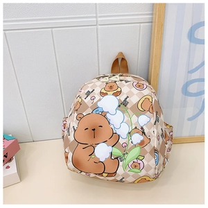 Detail of lightweight cartoon capybara backpack for kids with plaid pattern and side pocket
