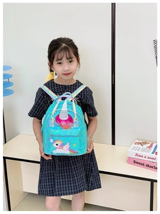 Toddler girl wearing turquoise sequin unicorn backpack with rainbow straps for school