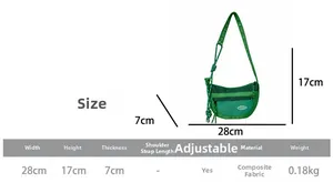 Tableau des tailles avec dimensions d'un sac bandoulière en nylon vert pour garçons