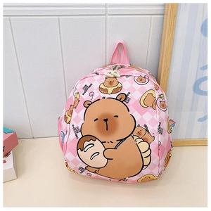Detail of pink plaid kids backpack with cartoon capybara prints and white zipper pulls