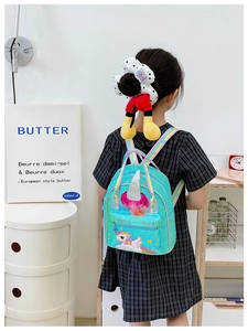Close-up of glitter unicorn toddler backpack with rainbow straps and sequin details