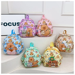 Detailed view of children's backpacks in six pastel colors with cute bear prints