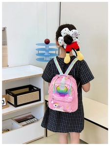 Girl's pink sequin backpack featuring unicorn design and rainbow straps on a child model