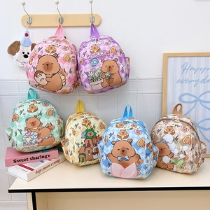 Kids Backpack Nylon Lightweight Cartoon Capybara Bear Printed Checkerboard Pattern Cute Schoolbag Boys Girls Travel