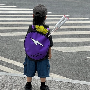 Cute purple carrot-shaped kids backpack with lightning pattern and racket storage
