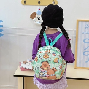 Cute Capybara print children backpack with green checkered canvas for school and travel
