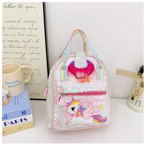 Detail view of pink unicorn sequin backpack with rainbow straps and embroidery