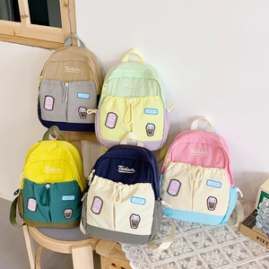 Kids Backpack Nylon Lightweight Color Block School Bag With Drawstring For Boys And Girls