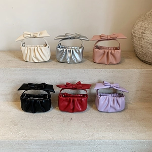 Kids Mini Shoulder Bag PU Leather Pleated Cloud Handbag Large Bow Cute Crossbody Bag For Girls Fashion Accessory