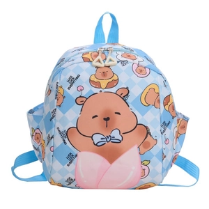 Cute cartoon blue checkerboard kids backpack with bear and peach prints for daily travel