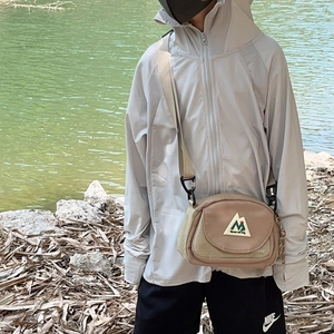 Kids casual khaki outdoor crossbody bag with mountain logo and adjustable shoulder strap