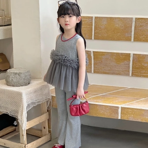 Chic girls gray two-piece set featuring sleeveless top with mesh trim and flared pants