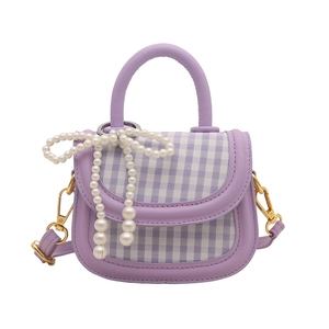 Lila karierte Mini-Handtasche für Mädchen mit Perlenbogen und Schultergurt