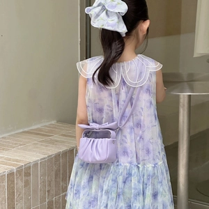 Girl's light purple cloud bag with pleated design and cute decorative bow handle