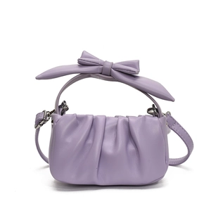 Cute purple pleated cloud bag for girls with decorative bow and adjustable strap