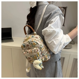 Detail view of mini backpack with 3D plush bears and floral patterns plus moon charm