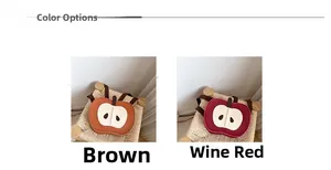 Dettaglio di zaini a forma di mela per bambini in pelle sintetica marrone e bordeaux