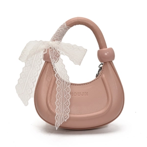 Sac à main demi-lune rose pour filles avec poignée ronde et nœud en dentelle blanche