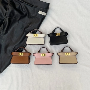 Kids Mini Crossbody Handbag PU Leather Small Shoulder Bag With Satin Scarf Decor Metal Chain Strap Twist Lock For Girls