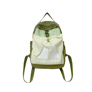 Green and beige contrast children backpack with drawstring and letter print design