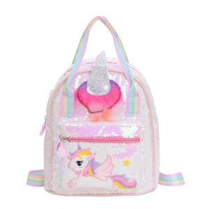 Cute white sequin unicorn backpack for girls with rainbow straps and glitter horn