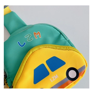 Close-up of color-block cartoon car crossbody bag with durable nylon and metal zipper