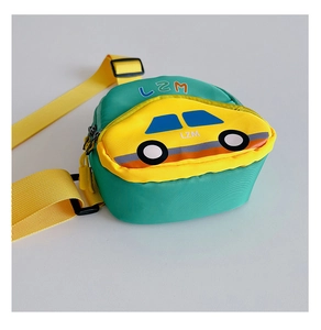 Detail of cartoon car kids waist bag in green and yellow with adjustable nylon strap